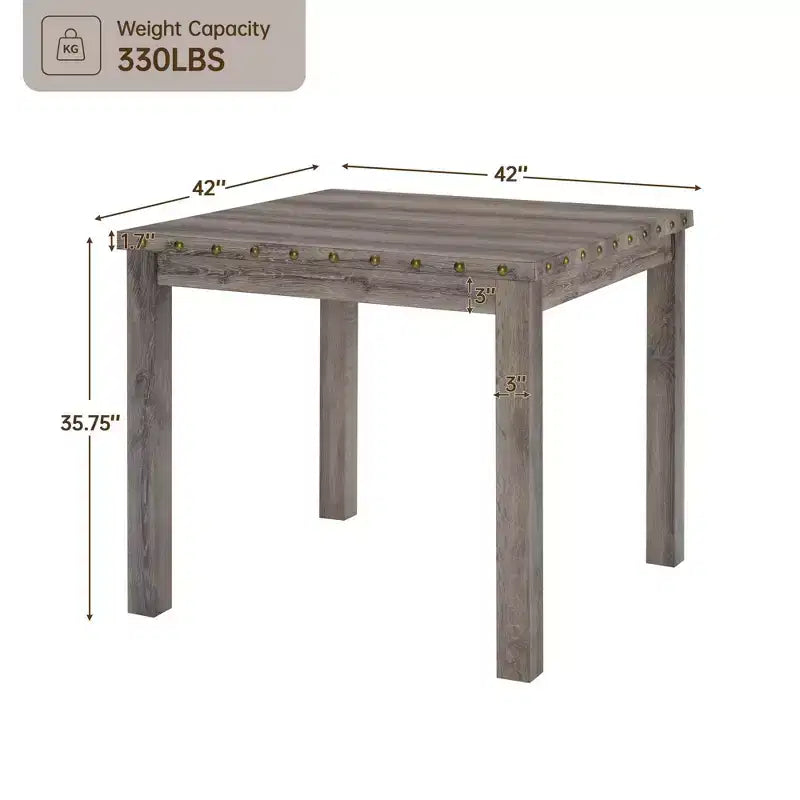 Tavolo da pranzo in legno di tronco rustico stile rustico, altezza bancone, 42 in. W, con piano quadrato e bordo con borchie, per 4 persone