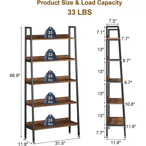 5 Tier Bookshelf, Narrow Home Office Book Shelf Display Rack, Rustic Brown Storage Organizer