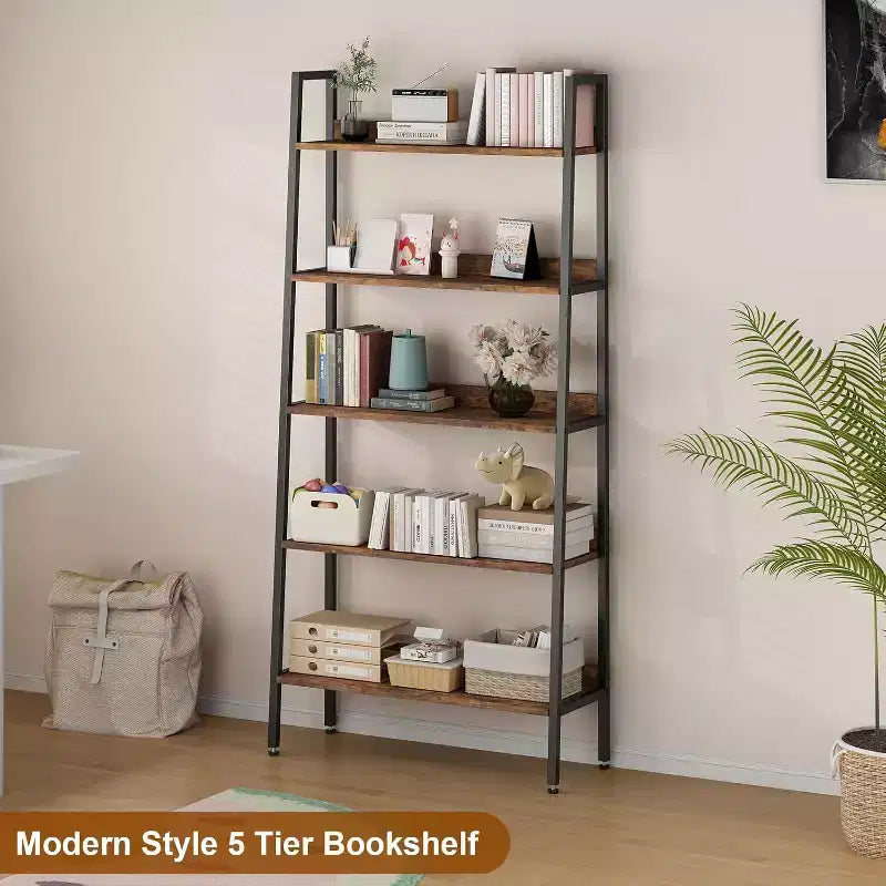 5 Tier Bookshelf, Narrow Home Office Book Shelf Display Rack, Rustic Brown Storage Organizer