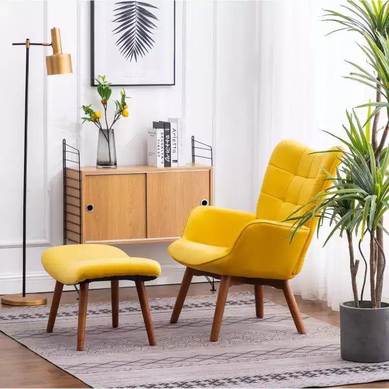 Contemporary Silky Velvet Tufted Accent Chair with Ottoman, Yellow