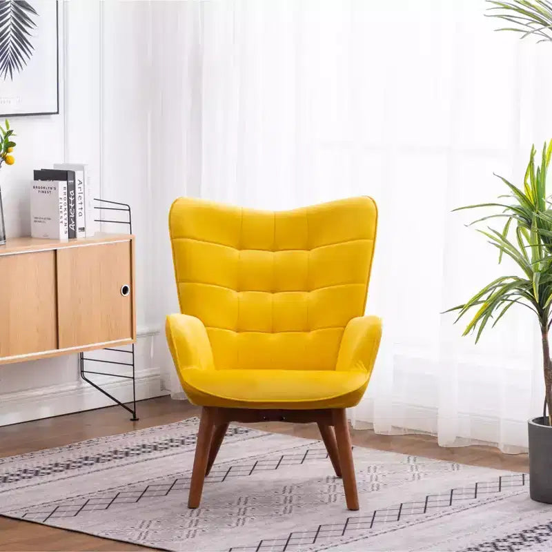 Contemporary Silky Velvet Tufted Accent Chair with Ottoman, Yellow
