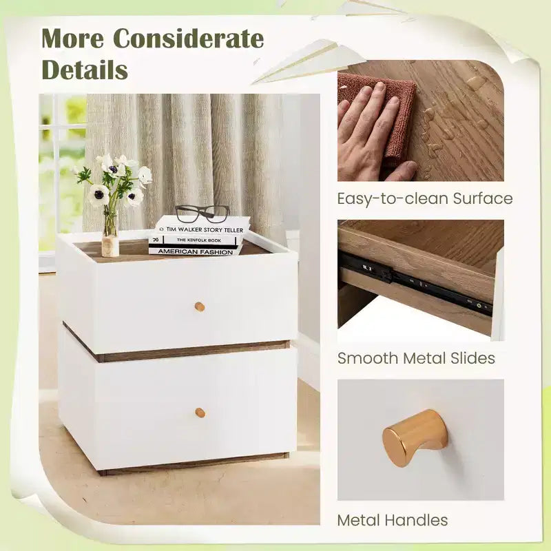 Comodino moderno a 2 cassetti, 1/2 pezzi, con bordo rialzato e spazio contenitore, per il soggiorno