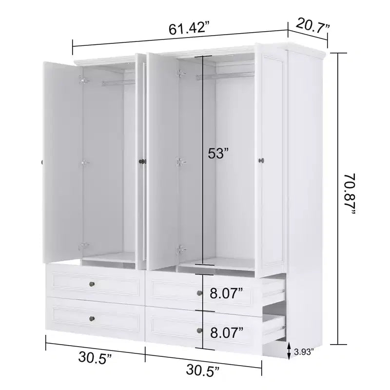 White Wood 61.42 in. Armoire with 4 Drawers and 2 Shelves