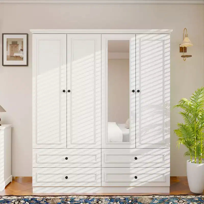 White Wood 61.42 in. Armoire with 4 Drawers and 2 Shelves