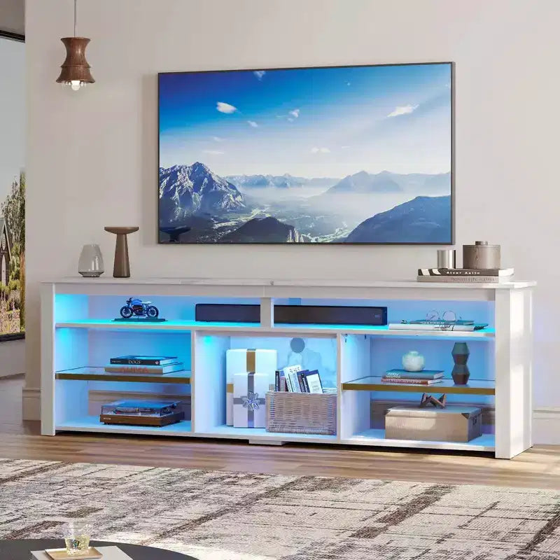 Centrum rozrywki do gier o szerokości 70 cali do telewizorów do 75 cali, stojak pod telewizor LED do PS5, wysoka szafka RTV z półkami