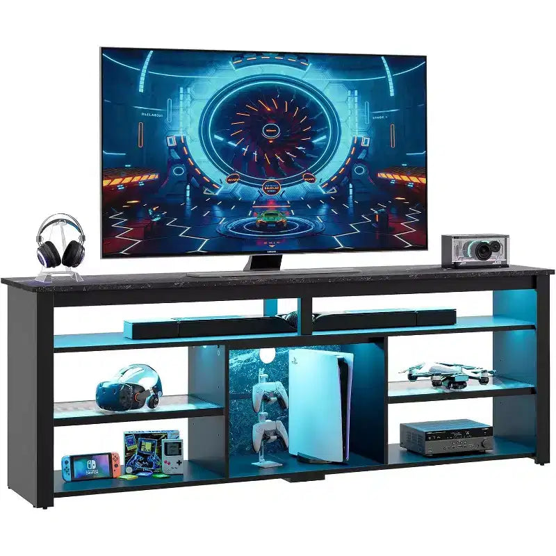 Centrum rozrywki do gier o szerokości 70 cali do telewizorów do 75 cali, stojak pod telewizor LED do PS5, wysoka szafka RTV z półkami