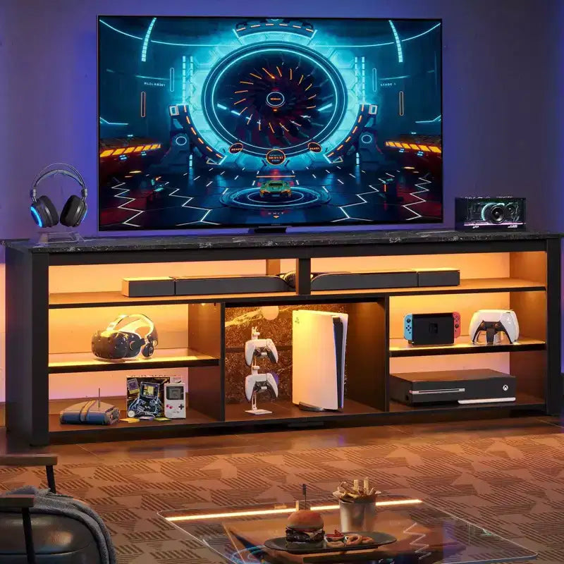 Centrum rozrywki do gier o szerokości 70 cali do telewizorów do 75 cali, stojak pod telewizor LED do PS5, wysoka szafka RTV z półkami