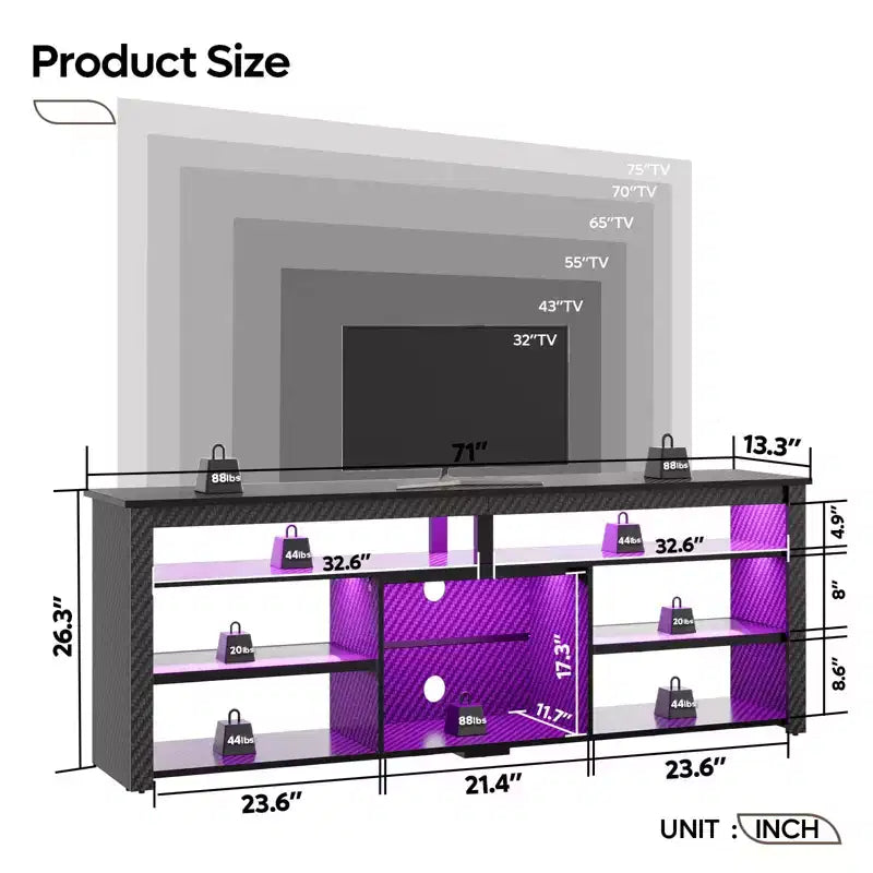 70 Gaming Entertainment Center for TV up to 75, LED TV Stand for PS5, Tall TV Console with Shelves