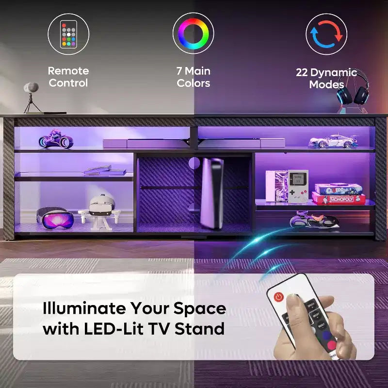 70 Gaming Entertainment Center for TV up to 75, LED TV Stand for PS5, Tall TV Console with Shelves