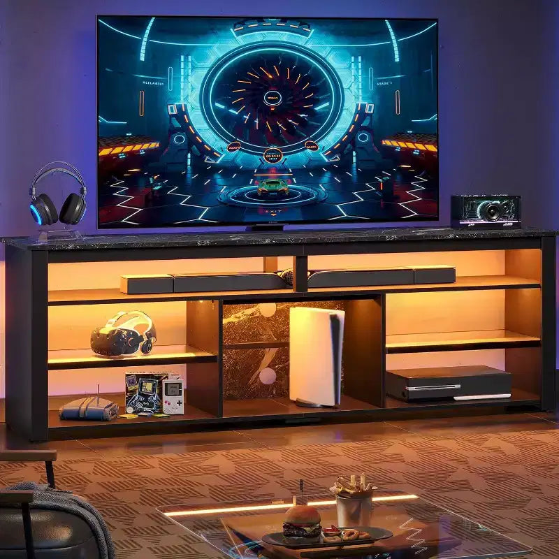 Centrum rozrywki do gier o szerokości 70 cali do telewizorów do 75 cali, stojak pod telewizor LED do PS5, wysoka szafka RTV z półkami