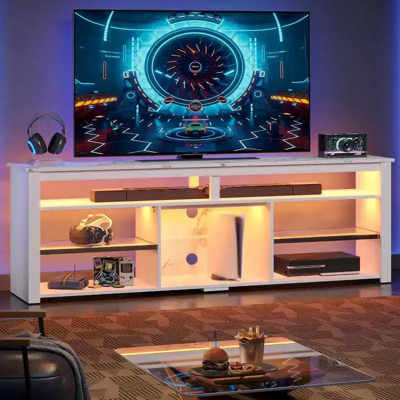 Centrum rozrywki do gier o szerokości 70 cali do telewizorów do 75 cali, stojak pod telewizor LED do PS5, wysoka szafka RTV z półkami