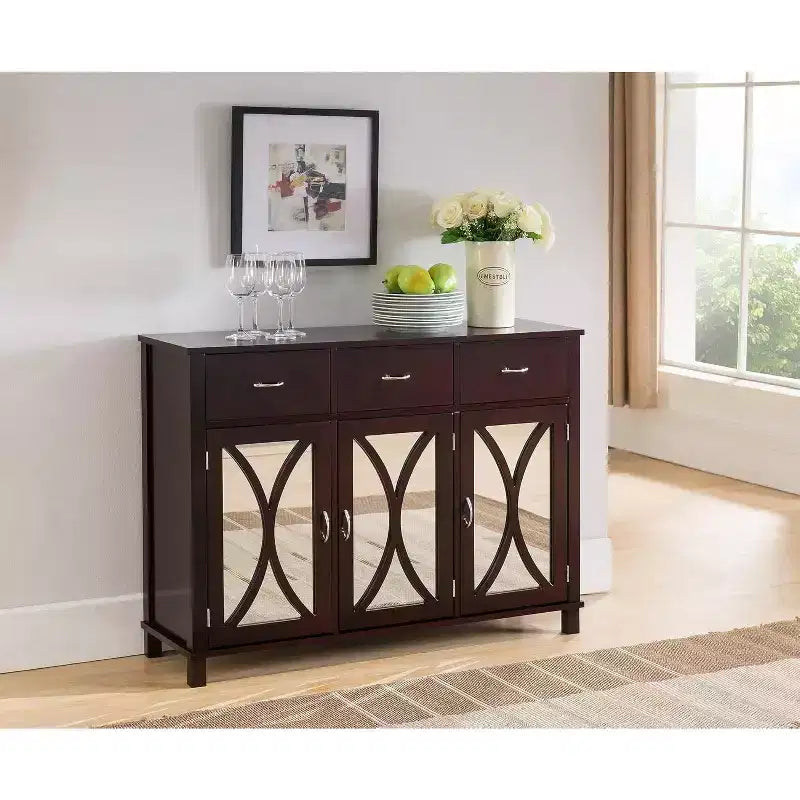 Kings Brand Furniture - 3-Door Sideboard Buffet Server Cabinet, Mirrored Doors/Espresso