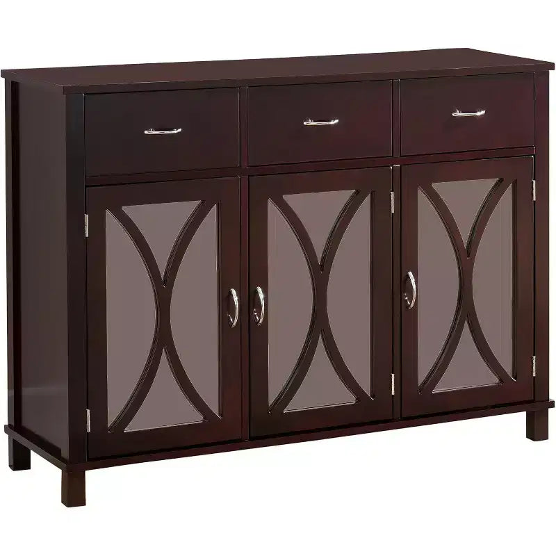 3-Door Sideboard Buffet Server Cabinet, Mirrored Doors/Espresso