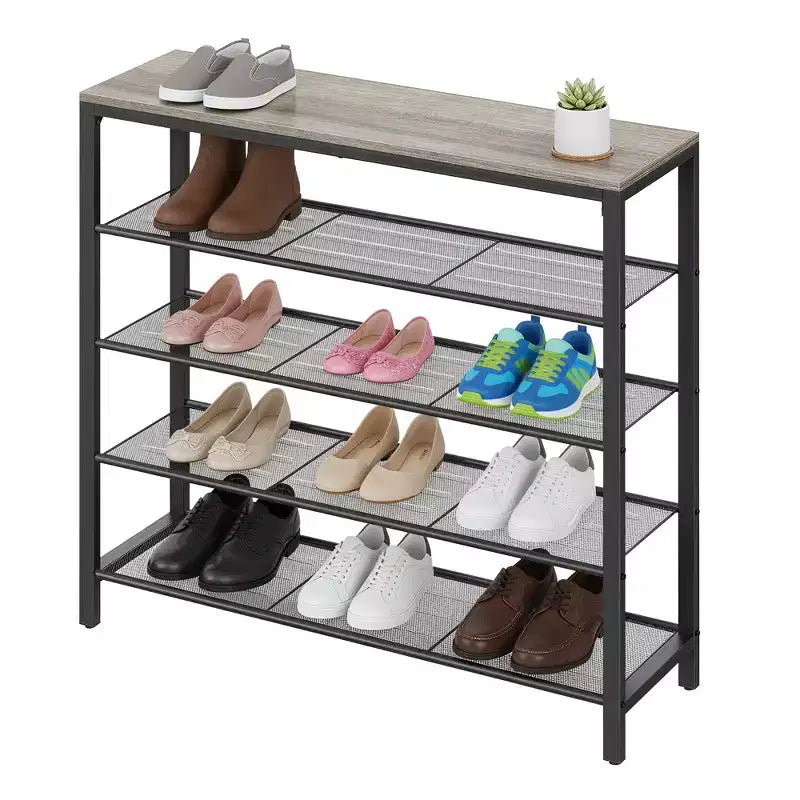Stojak na buty, 5-poziomowy organizer na obuwie z 4 metalowymi półkami z siatki, duży stojak na buty do przedpokoju