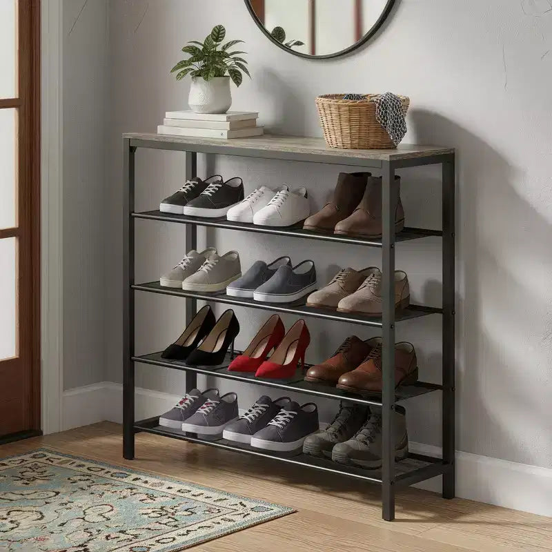 Stojak na buty, 5-poziomowy organizer na obuwie z 4 metalowymi półkami z siatki, duży stojak na buty do przedpokoju