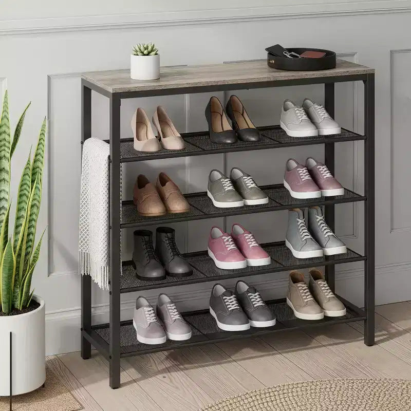 Stojak na buty, 5-poziomowy organizer na obuwie z 4 metalowymi półkami z siatki, duży stojak na buty do przedpokoju