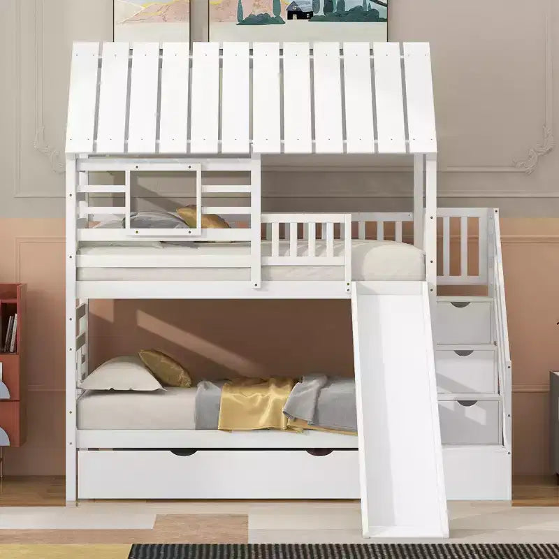 Letto a castello a forma di casetta con letto estraibile, scivolo, scala contenitore, tetto e finestra