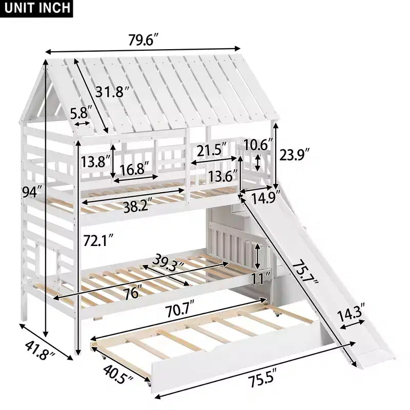 Letto a castello a forma di casetta con letto estraibile, scivolo, scala contenitore, tetto e finestra