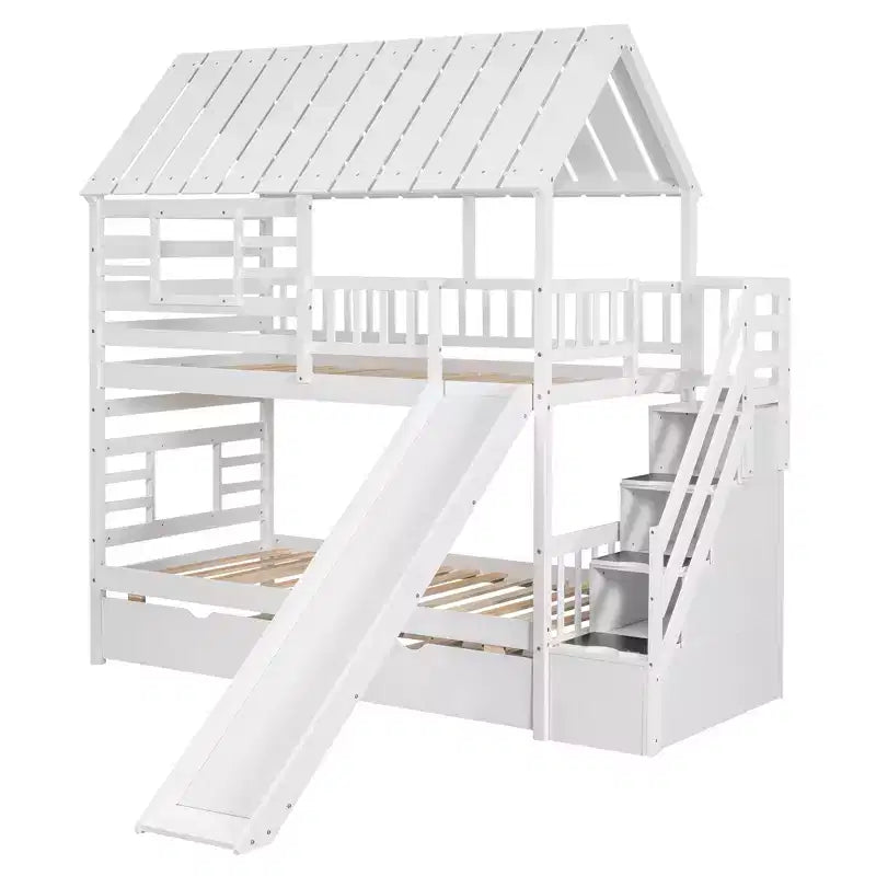 Letto a castello a forma di casetta con letto estraibile, scivolo, scala contenitore, tetto e finestra