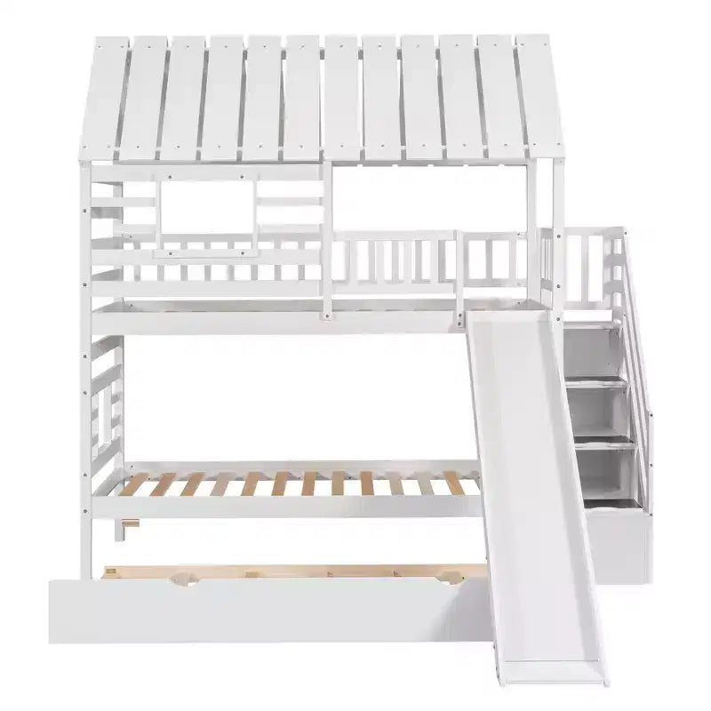Letto a castello a forma di casetta con letto estraibile, scivolo, scala contenitore, tetto e finestra