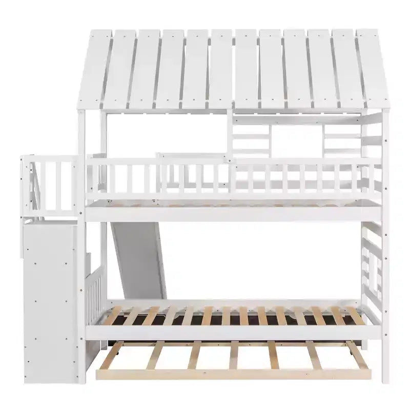 Letto a castello a forma di casetta con letto estraibile, scivolo, scala contenitore, tetto e finestra