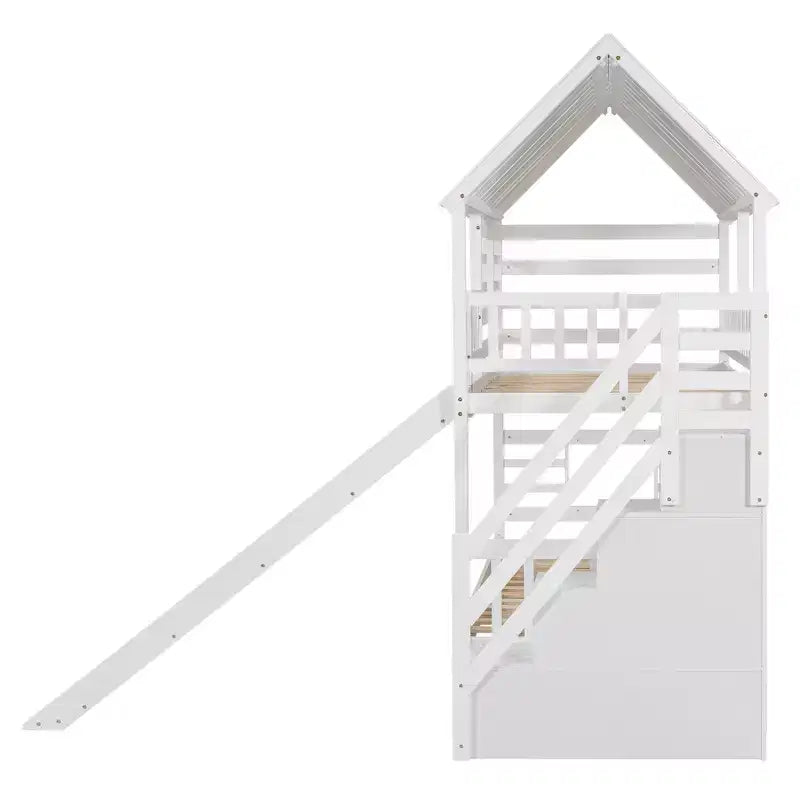 Letto a castello a forma di casetta con letto estraibile, scivolo, scala contenitore, tetto e finestra