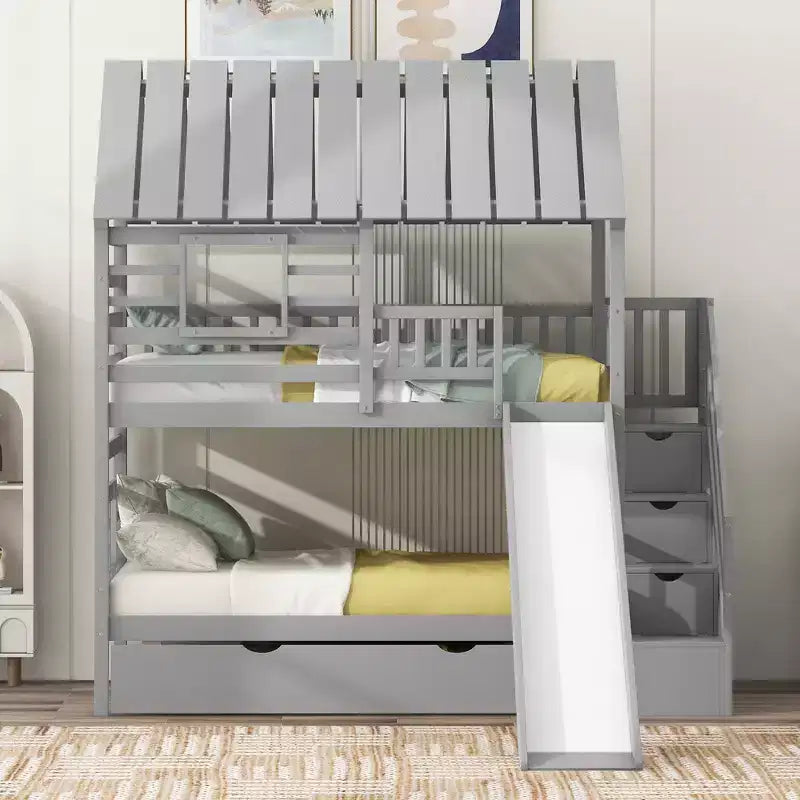 Letto a castello a forma di casetta con letto estraibile, scivolo, scala contenitore, tetto e finestra