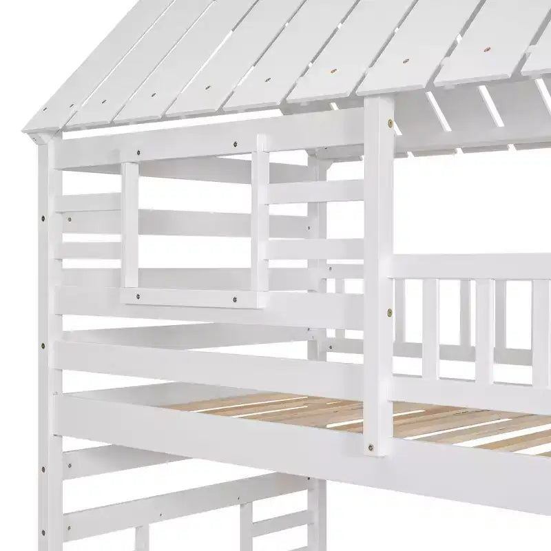 Letto a castello a forma di casetta con letto estraibile, scivolo, scala contenitore, tetto e finestra