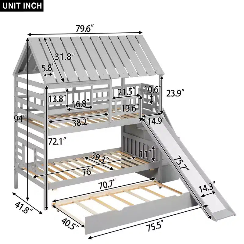 House Bunk Bed with Trundle, Slide, Storage Staircase, Roof and Window Design