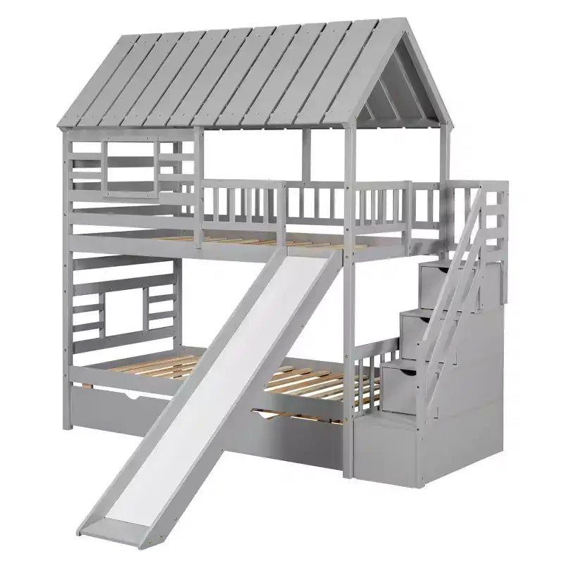 House Bunk Bed with Trundle, Slide, Storage Staircase, Roof and Window Design
