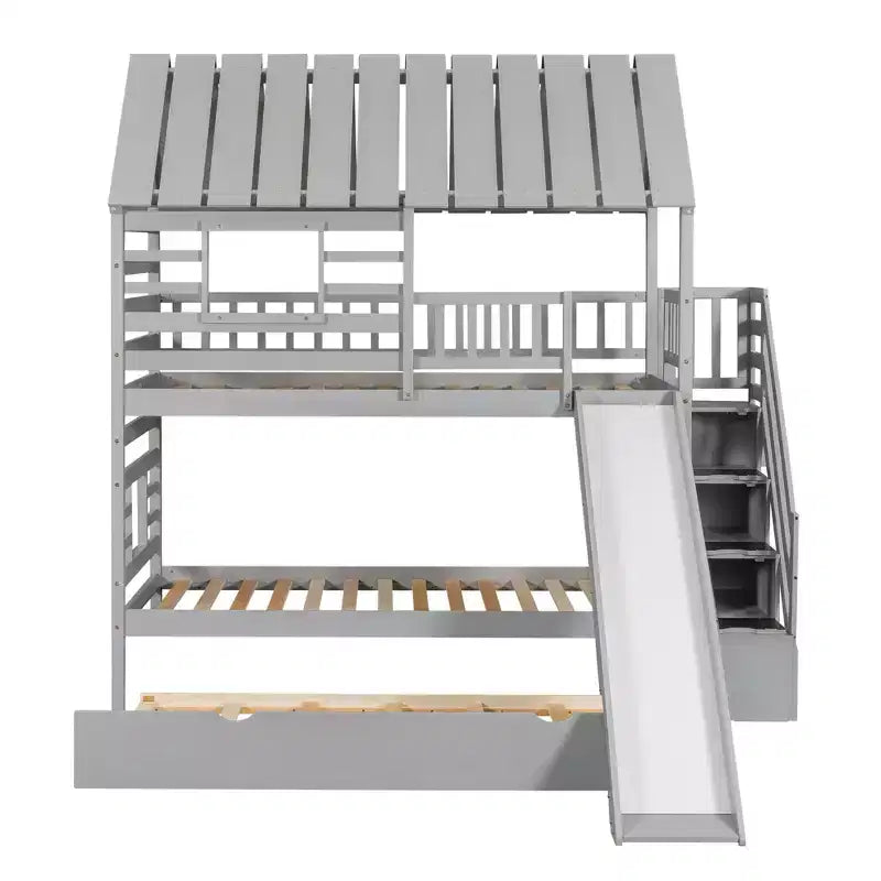 Letto a castello a forma di casetta con letto estraibile, scivolo, scala contenitore, tetto e finestra