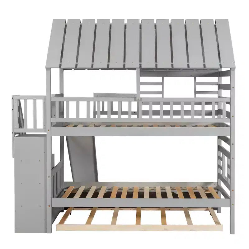 Letto a castello a forma di casetta con letto estraibile, scivolo, scala contenitore, tetto e finestra