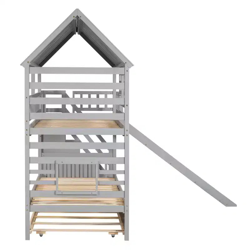 Letto a castello a forma di casetta con letto estraibile, scivolo, scala contenitore, tetto e finestra