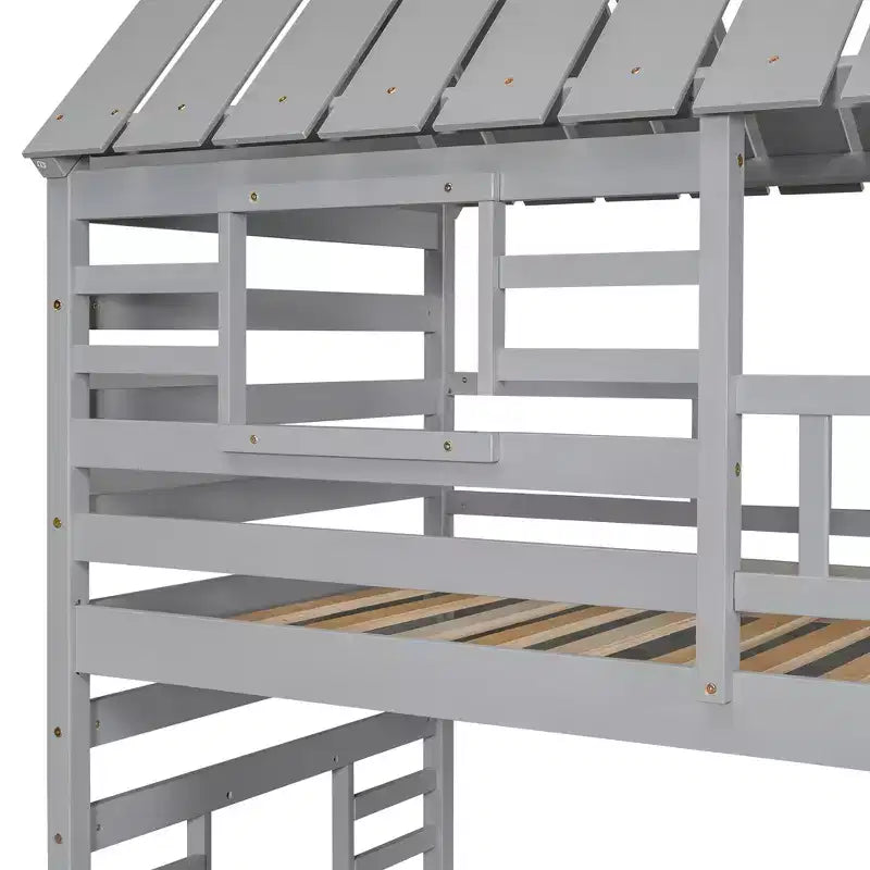 Letto a castello a forma di casetta con letto estraibile, scivolo, scala contenitore, tetto e finestra