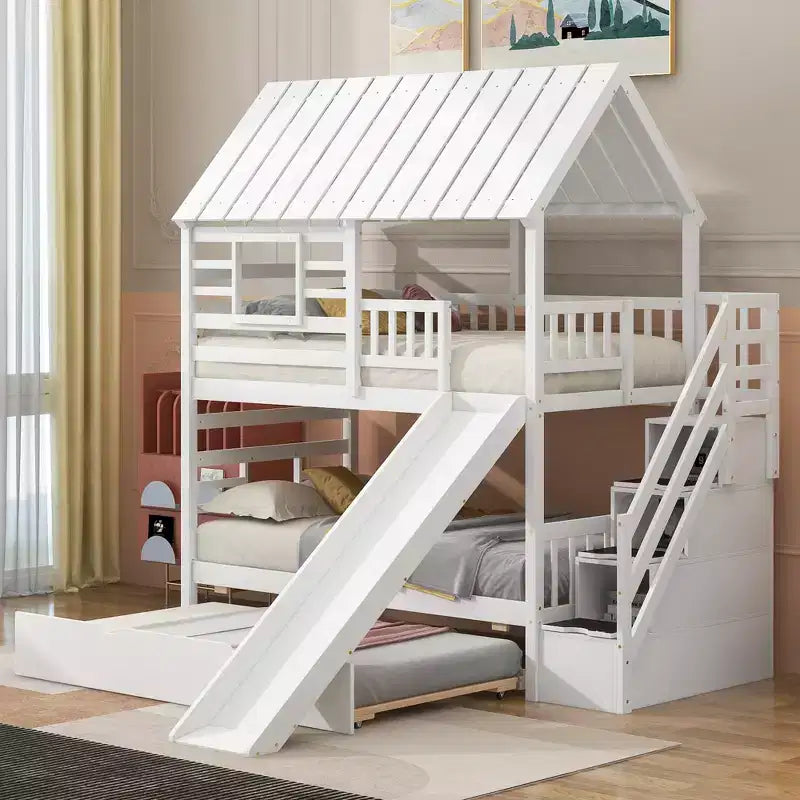 Letto a castello a forma di casetta con letto estraibile, scivolo, scala contenitore, tetto e finestra