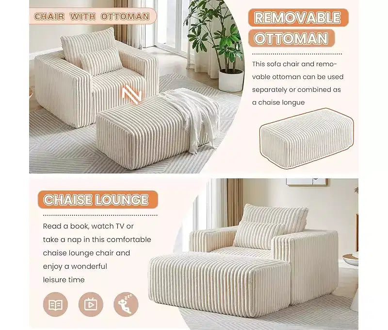 62.5 D Corduroy Oversized Armchair, Upholstered Single Sofa Lounge Chair with Ottoman