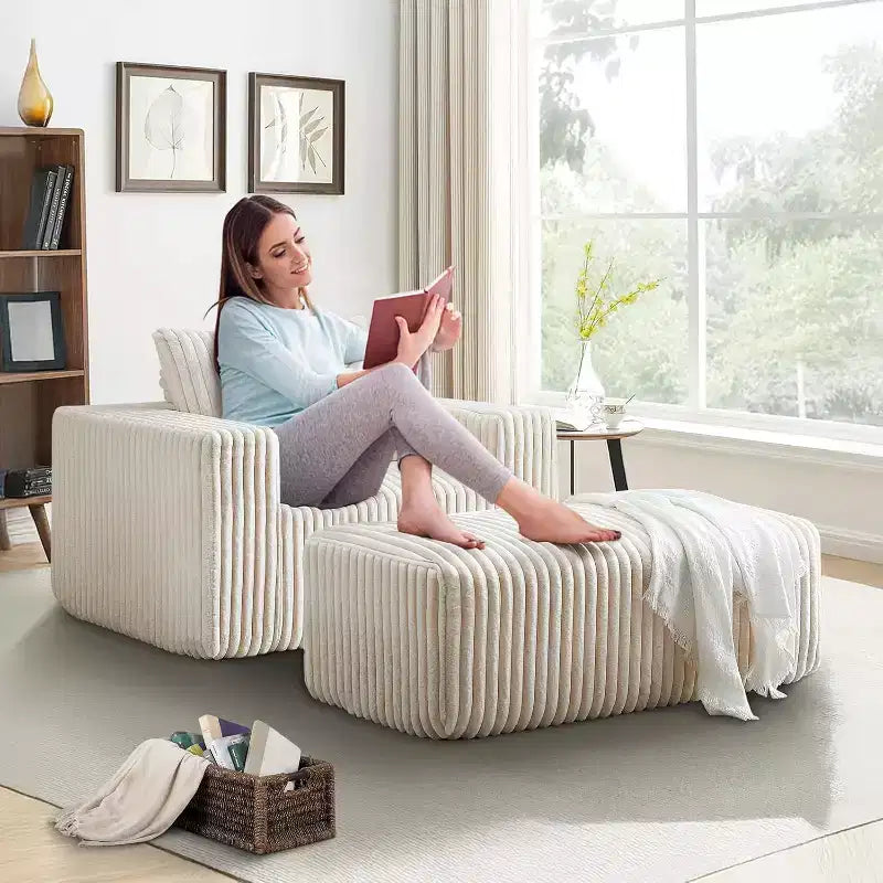 62.5 D Corduroy Oversized Armchair, Upholstered Single Sofa Lounge Chair with Ottoman