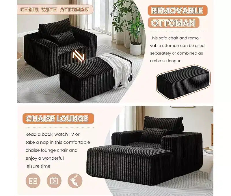 62.5 D Corduroy Oversized Armchair, Upholstered Single Sofa Lounge Chair with Ottoman
