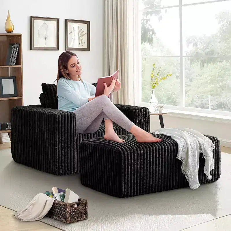 62.5 D Corduroy Oversized Armchair, Upholstered Single Sofa Lounge Chair with Ottoman