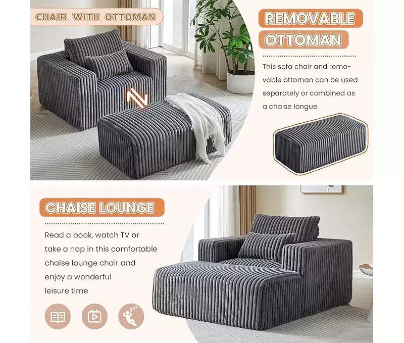 62.5 D Corduroy Oversized Armchair, Upholstered Single Sofa Lounge Chair with Ottoman