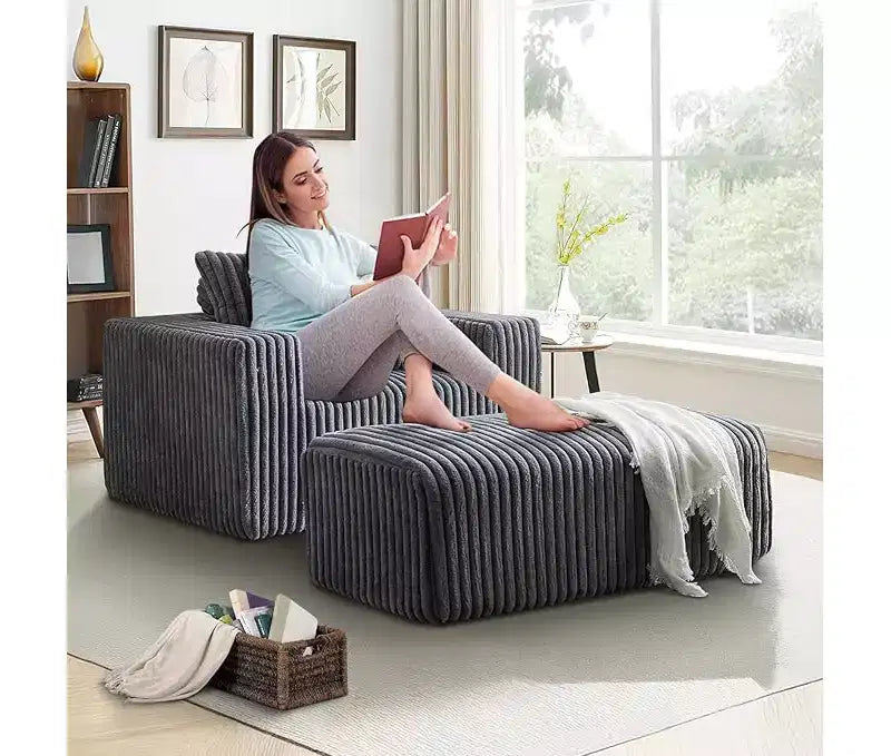 62.5 D Corduroy Oversized Armchair, Upholstered Single Sofa Lounge Chair with Ottoman