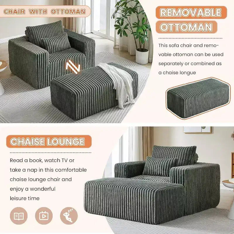 62.5 D Corduroy Oversized Armchair, Upholstered Single Sofa Lounge Chair with Ottoman