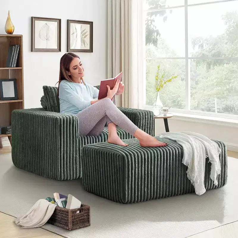 62.5 D Corduroy Oversized Armchair, Upholstered Single Sofa Lounge Chair with Ottoman