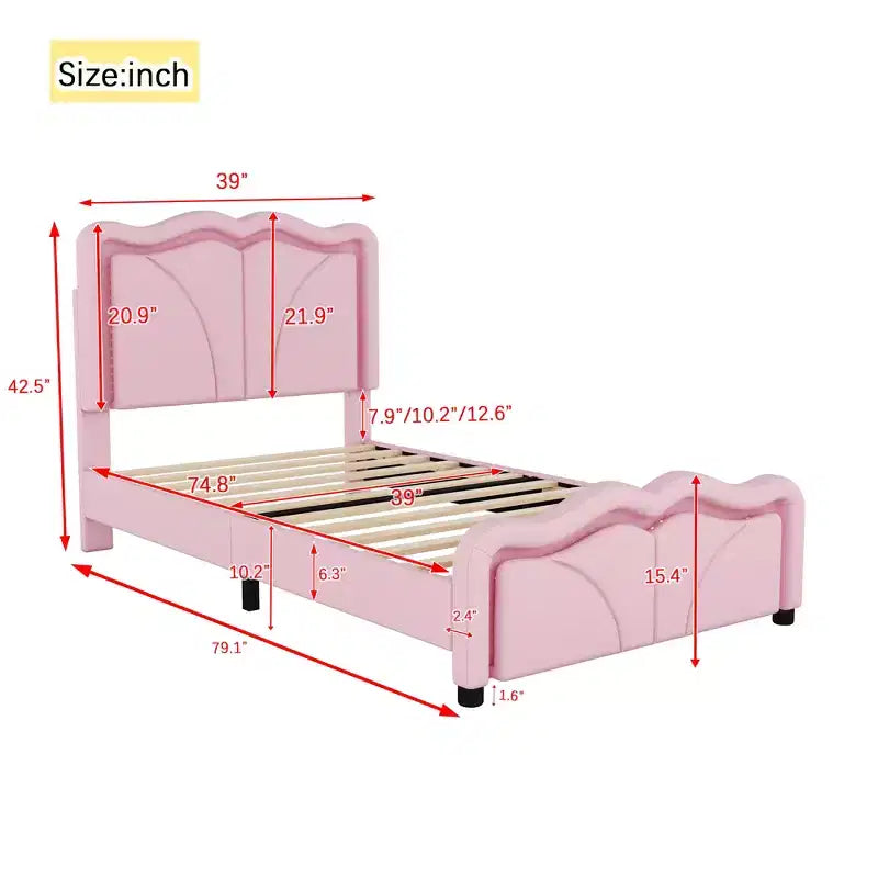 Letto a piattaforma matrimoniale imbottito con testiera curva e regolabile in altezza e strisce LED