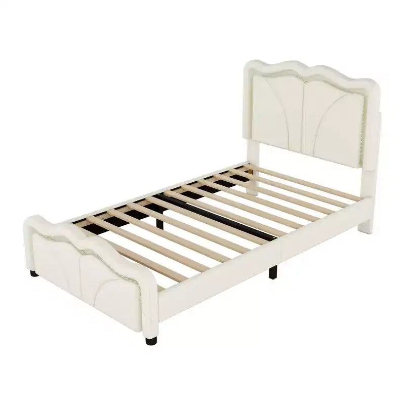 Letto a piattaforma matrimoniale imbottito con testiera curva e regolabile in altezza e strisce LED