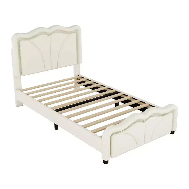 Letto a piattaforma matrimoniale imbottito con testiera curva e regolabile in altezza e strisce LED