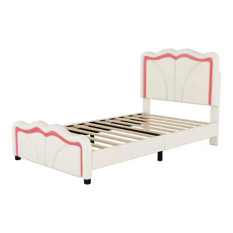 Letto a piattaforma matrimoniale imbottito con testiera curva e regolabile in altezza e strisce LED