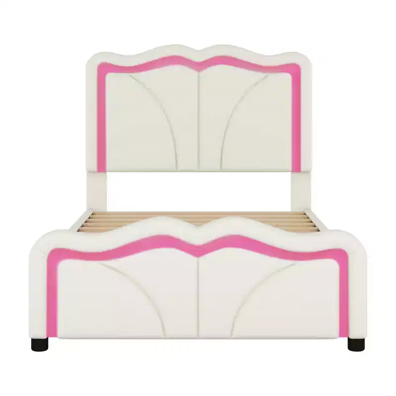 Letto a piattaforma matrimoniale imbottito con testiera curva e regolabile in altezza e strisce LED
