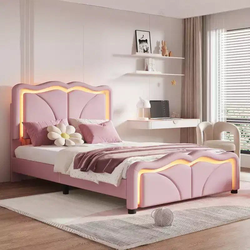 Twin Size Upholstered Platform Bed with Curved, Height-Adjustable Headboard and LED Light Strips