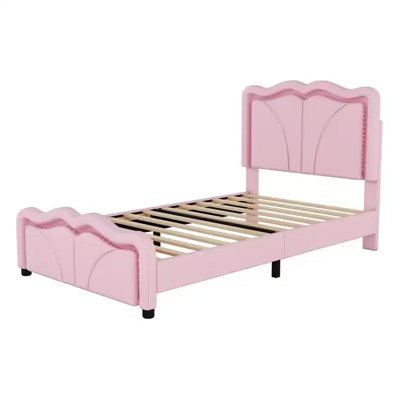 Letto a piattaforma matrimoniale imbottito con testiera curva e regolabile in altezza e strisce LED